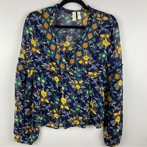 ANTHROPOLOGIE Meadow Rue Strasser Floral Print Embellished Long Sleeve Blouse XS - Picture 4 of 15